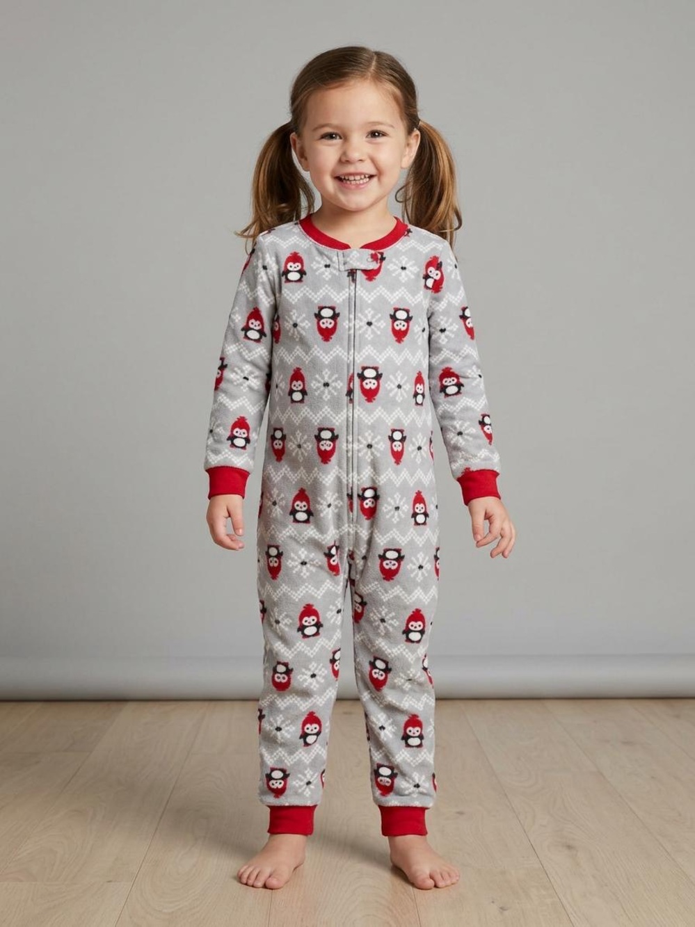 George Gray and Red Penguin Print Kids Pajama One-Piece
